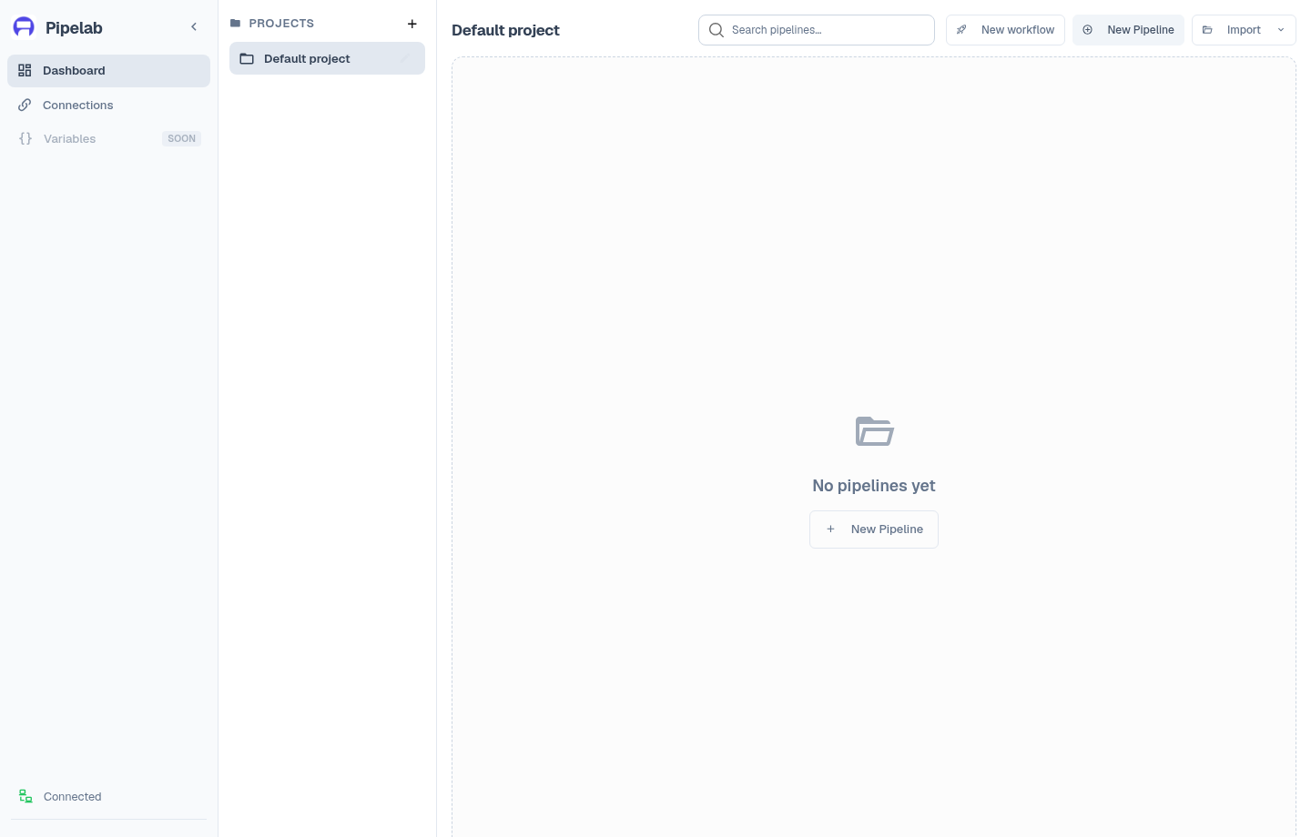 Dashboard showing the selected project and the New workflow, New Pipeline, and Import actions